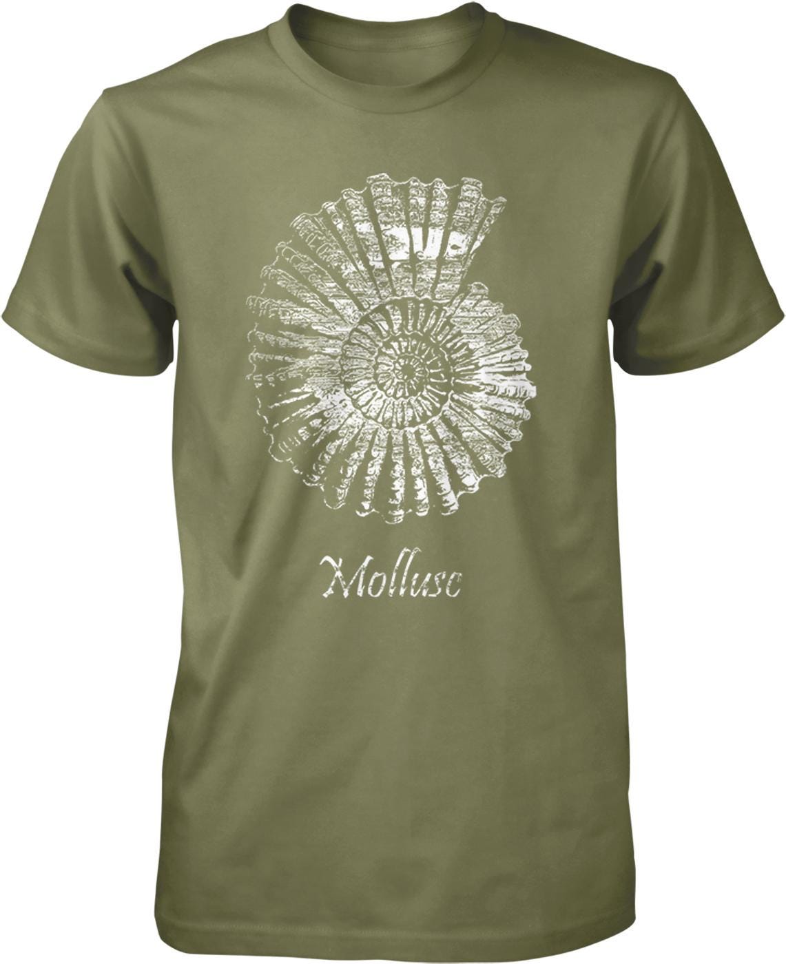 A green t-shirt with a white graphic design depicting a spiral shell or mollusk.