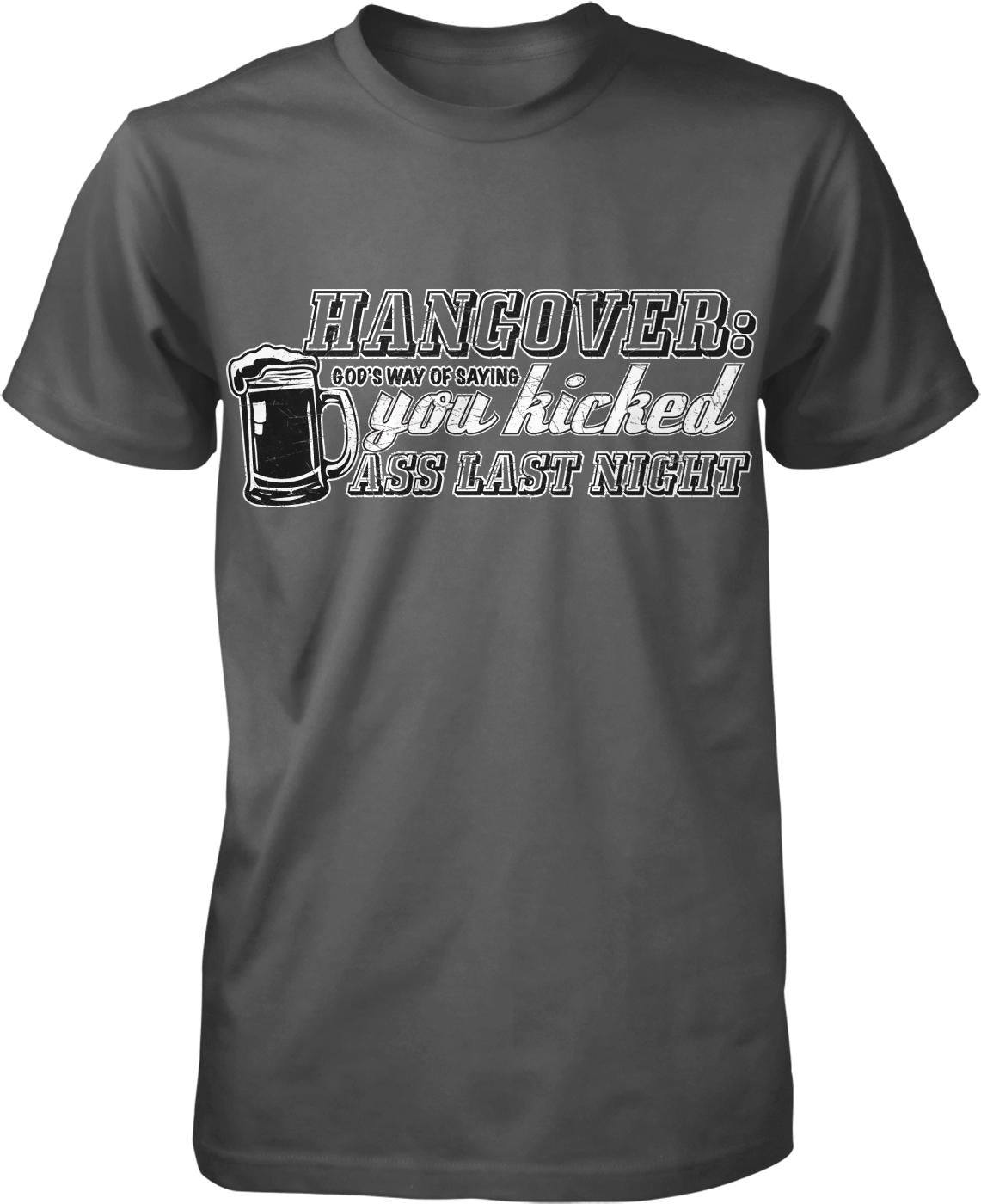 A gray t-shirt with a humorous text and graphic design.