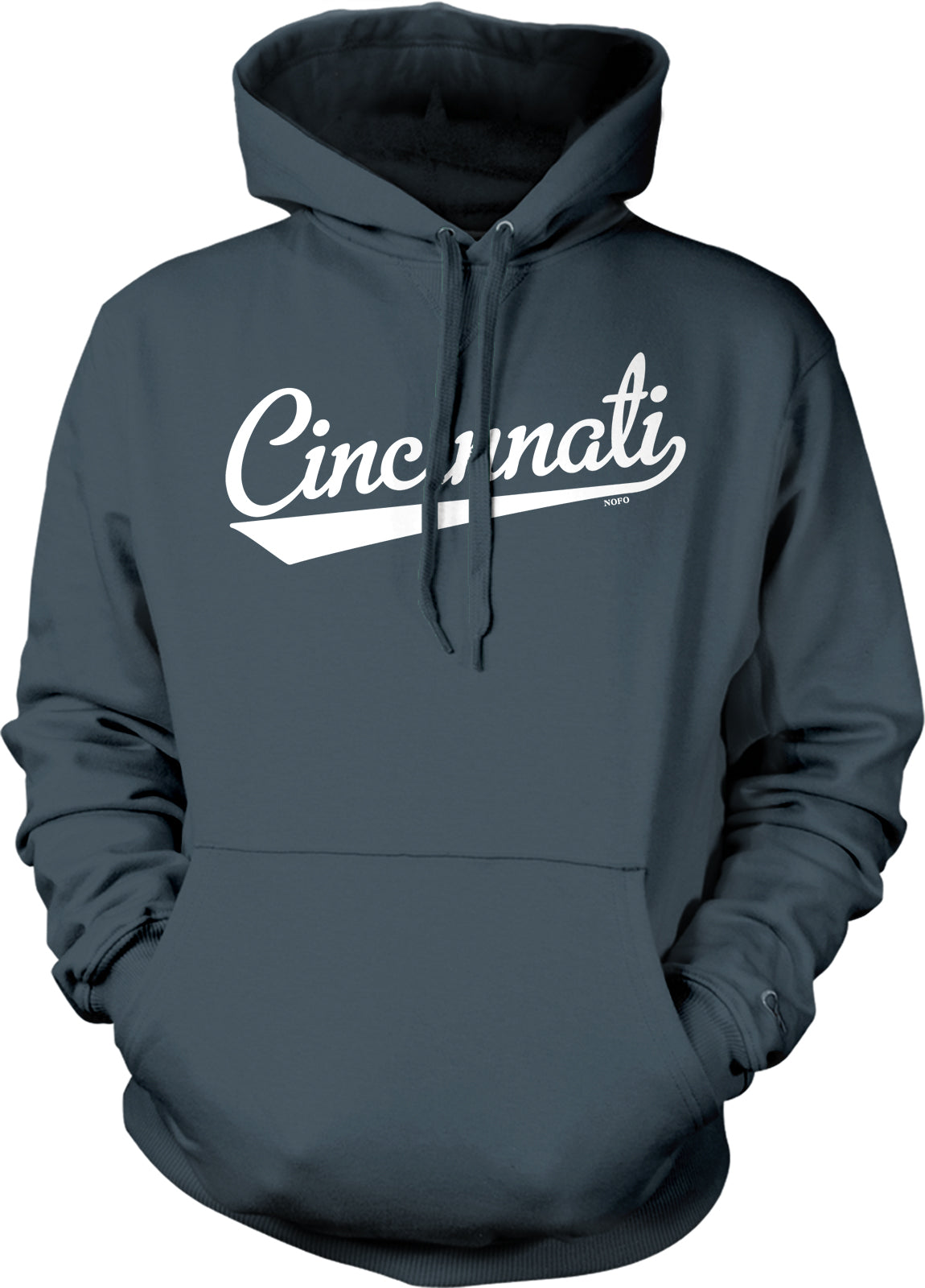 A dark grey hoodie with the word "CINCINNATI" printed in white on the front.