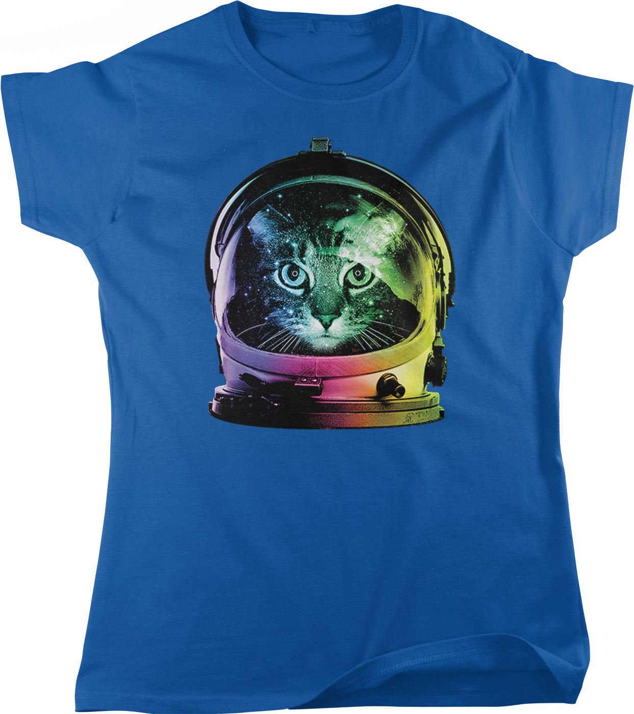 A blue t-shirt with a graphic design depicting a cat wearing a space helmet with a starry background.