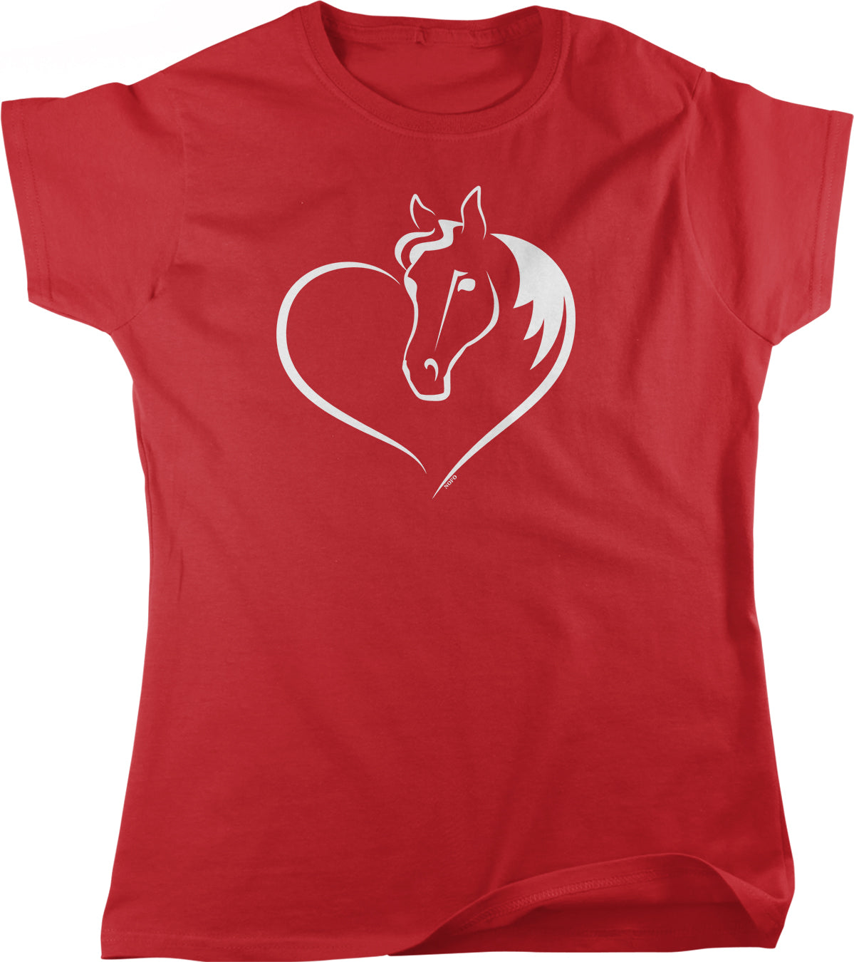 A red t-shirt with a white graphic of a horse's head inside a heart shape.