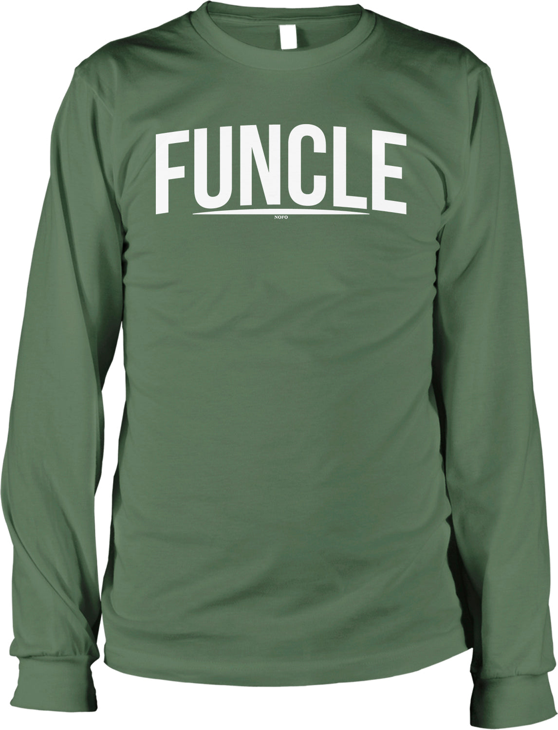 A long-sleeved green t-shirt with the text "FUNCLE" printed in white letters.