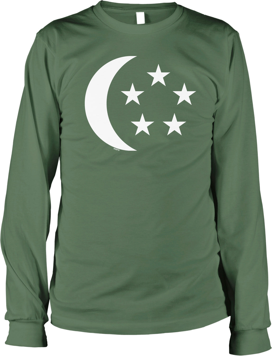 A green long-sleeved shirt with a white crescent moon and five white stars printed on it.