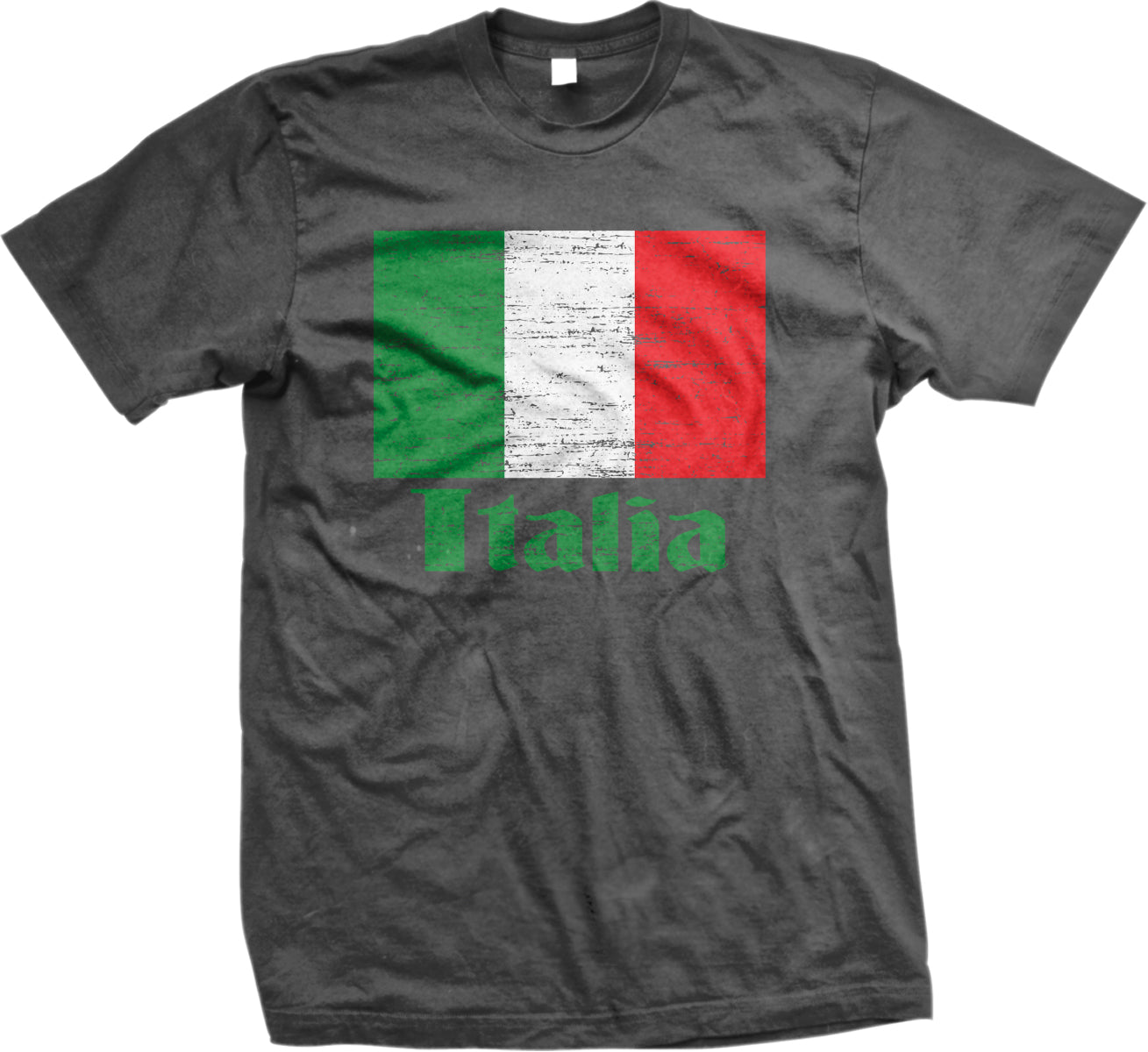 A gray t-shirt with a graphic design featuring the flag of Italy.