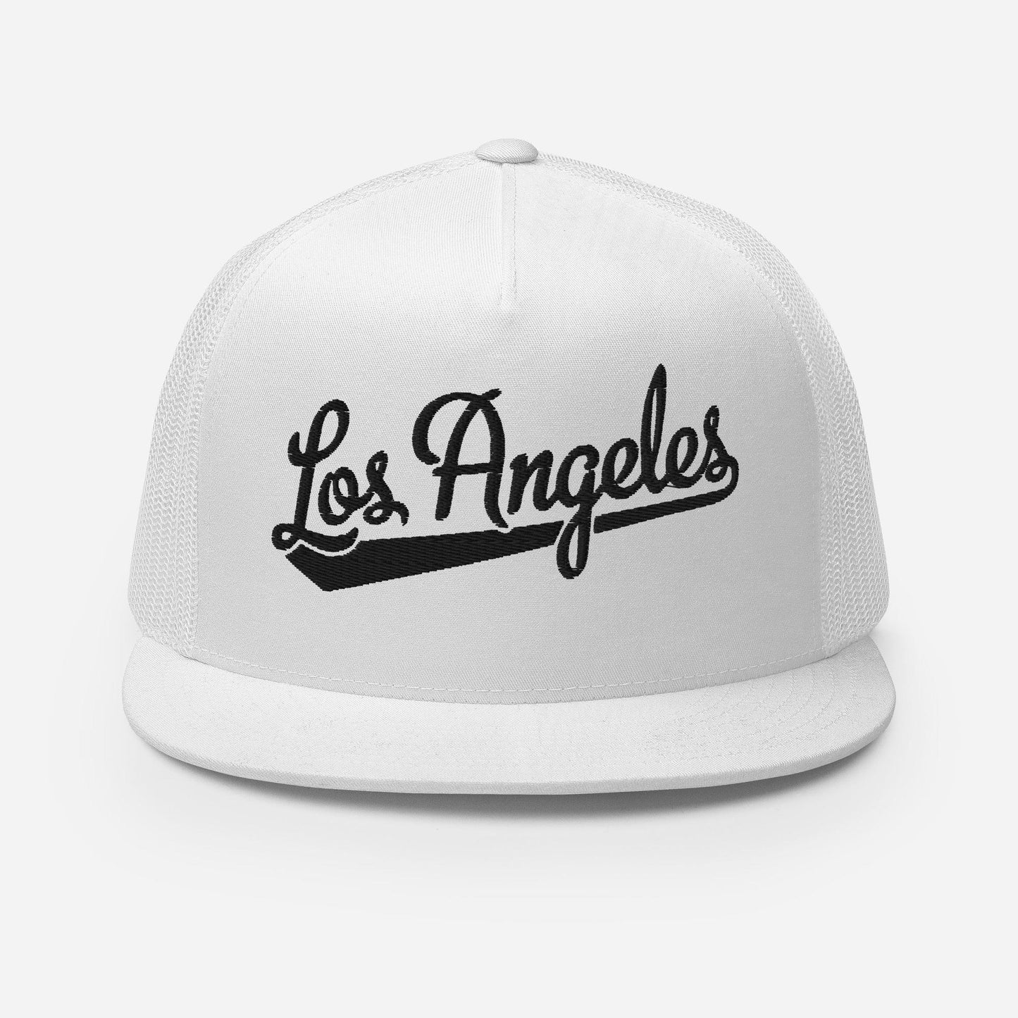 A white baseball cap with the text "Los Angeles" printed on it in a stylized font.