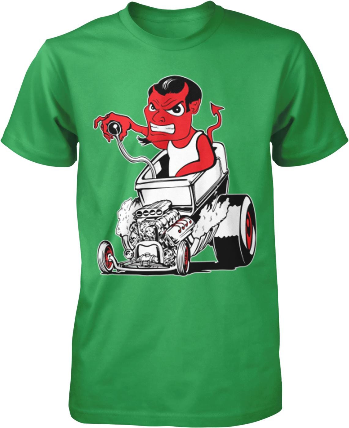 A green t-shirt with a graphic design depicting a red devil-like character sitting in a car with a large engine.