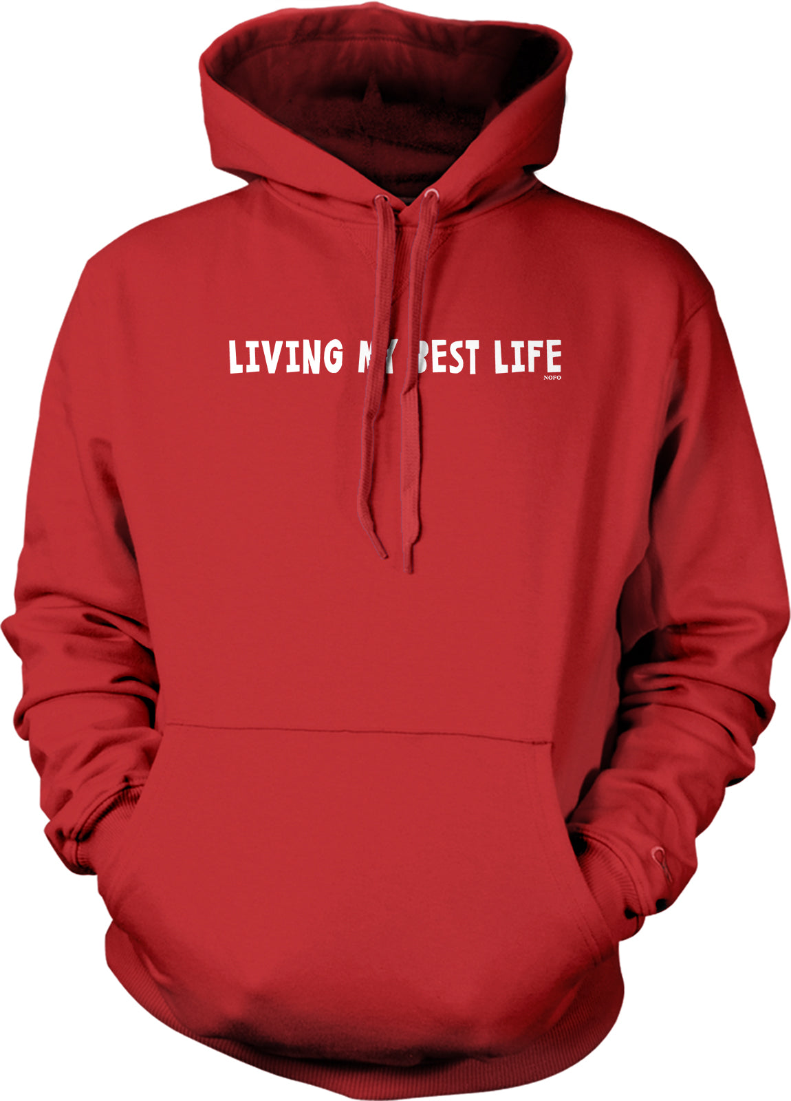 A red hoodie with the text "LIVING MY BEST LIFE" printed on it.