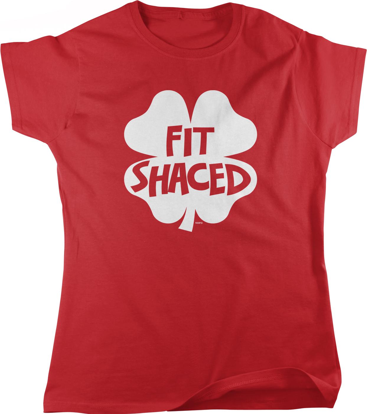 A red t-shirt with a white clover design and the text "FIT SHAGED" printed on it.