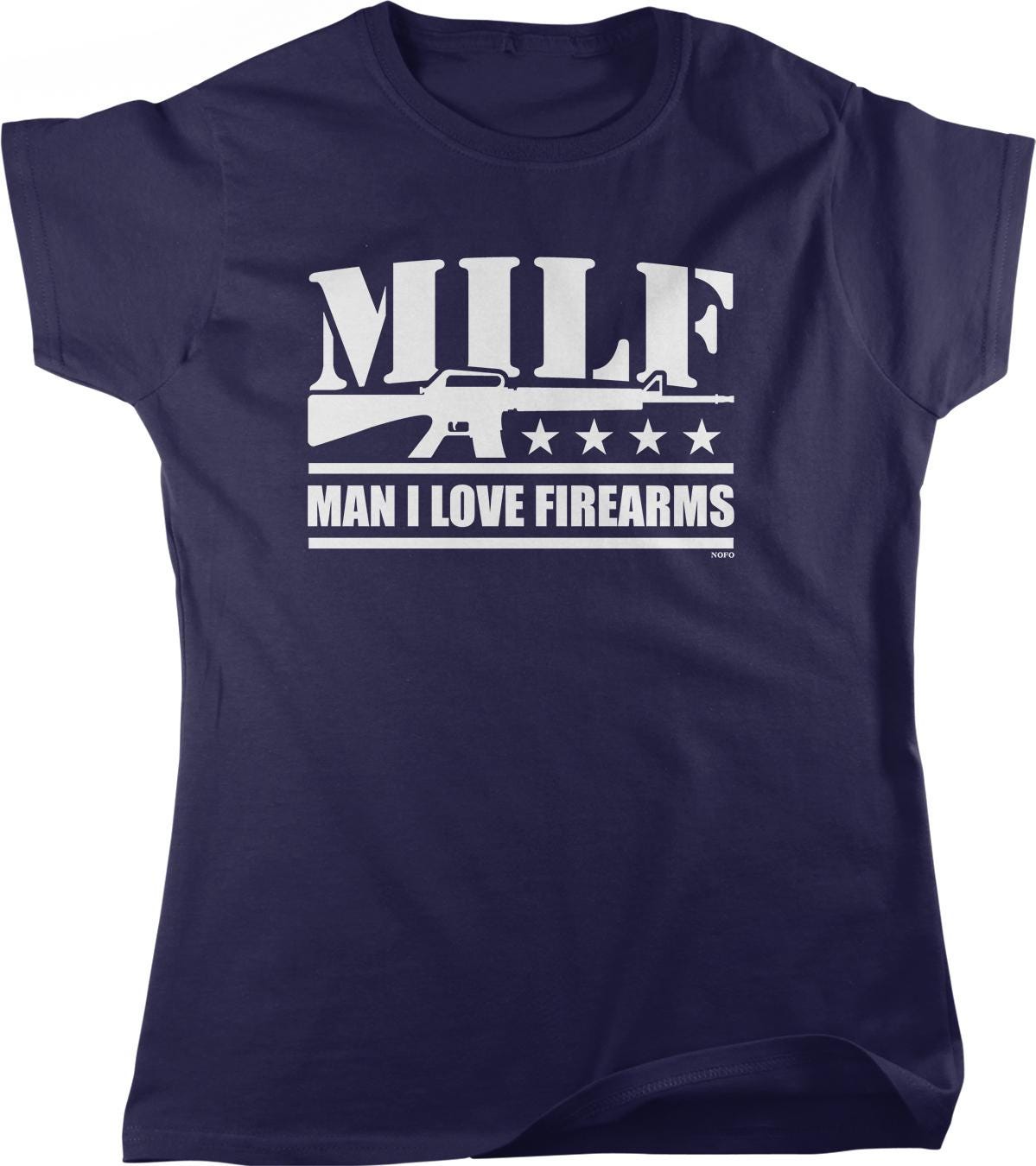 A navy blue t-shirt with a white graphic design that says "MILF MAN I LOVE FIREARMS" printed on it.