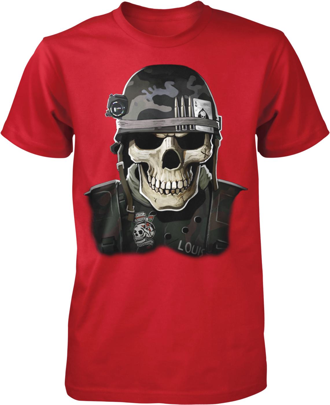 A red t-shirt with a graphic design depicting a skull wearing a military-style helmet and a vest with the word "LOUIS" printed on it.
