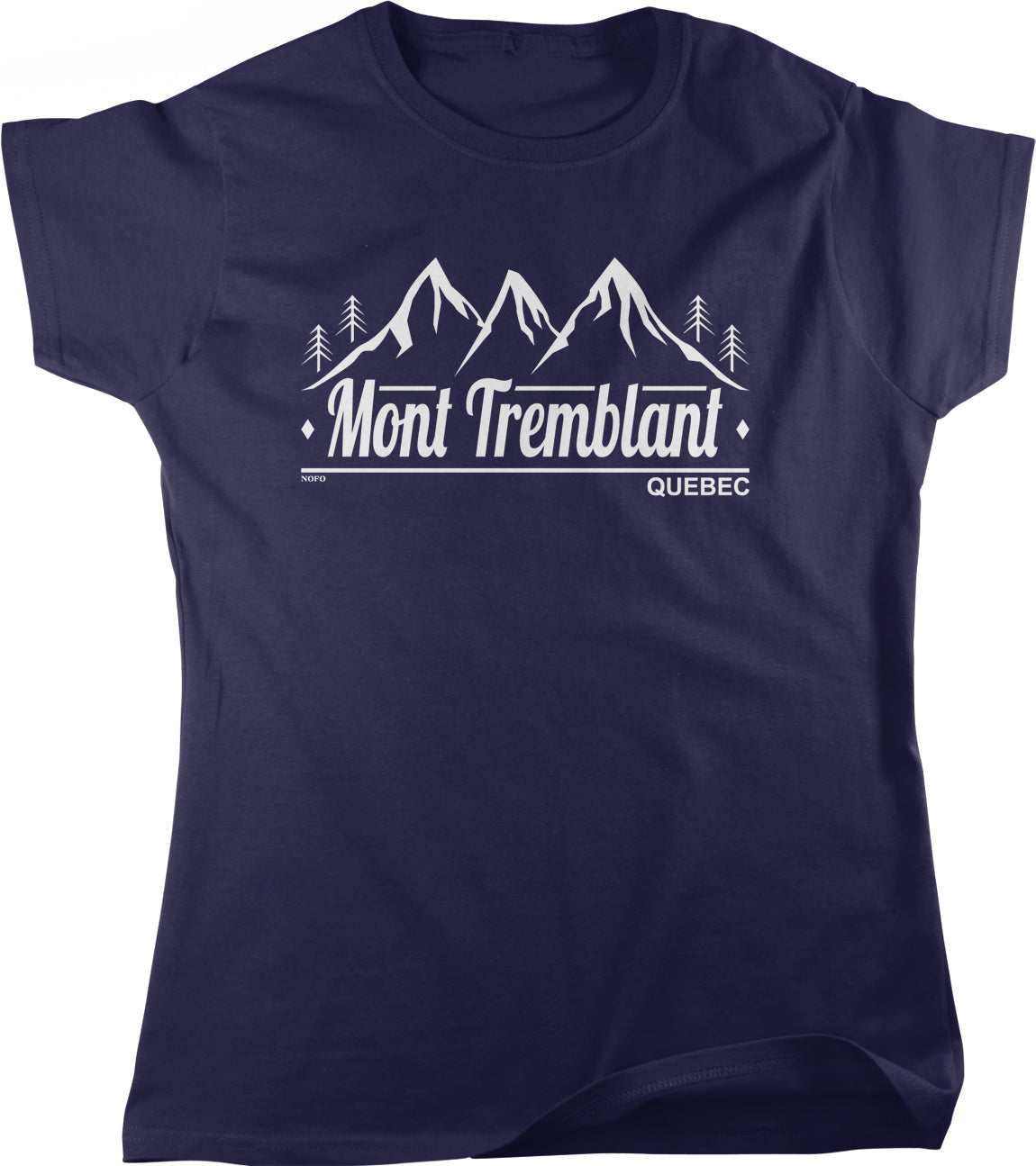 A navy blue t-shirt with a graphic design featuring a mountain range and the text "Mont Tremblant" and "Quebec" printed on it.