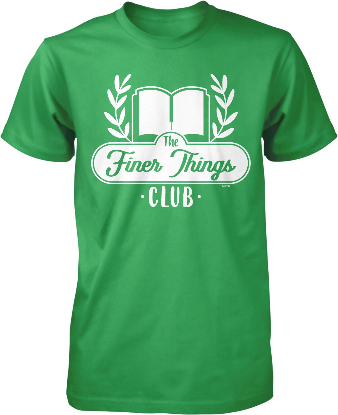 A green t-shirt with white text and graphics.