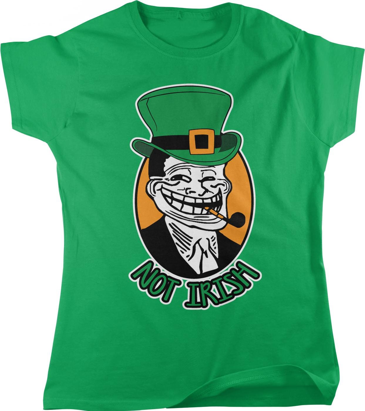 A green t-shirt with a graphic design depicting a smiling man wearing a green top hat and a cigarette. The text below the image says &quot;NOT IRISH&quot;.