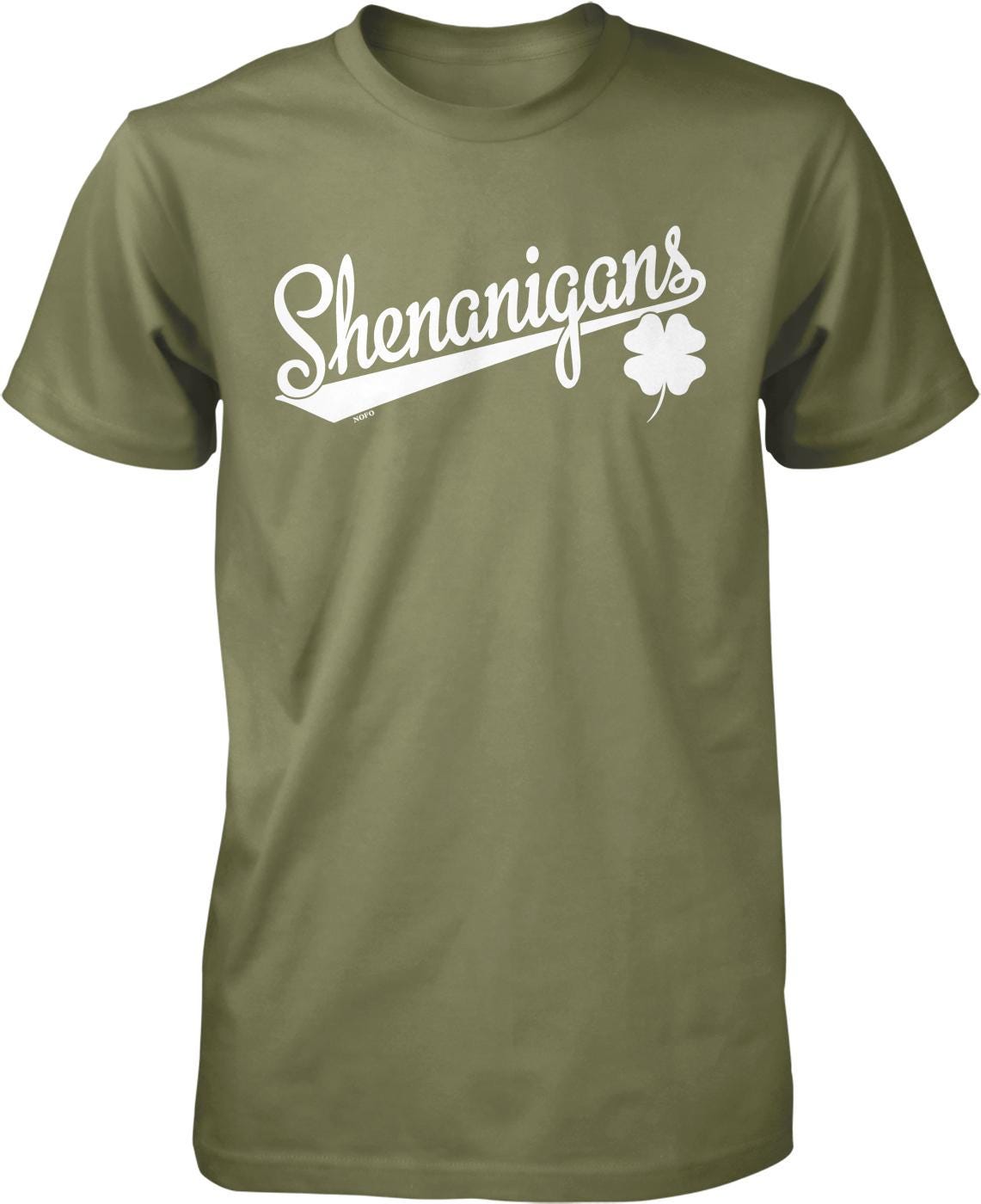 A green t-shirt with the text "Shenanigans" printed on it in white lettering.