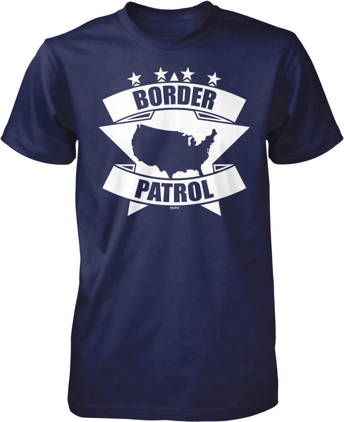 A navy blue t-shirt with a graphic design featuring a silhouette of the United States and the text "BORDER PATROL" along with a star-shaped banner.