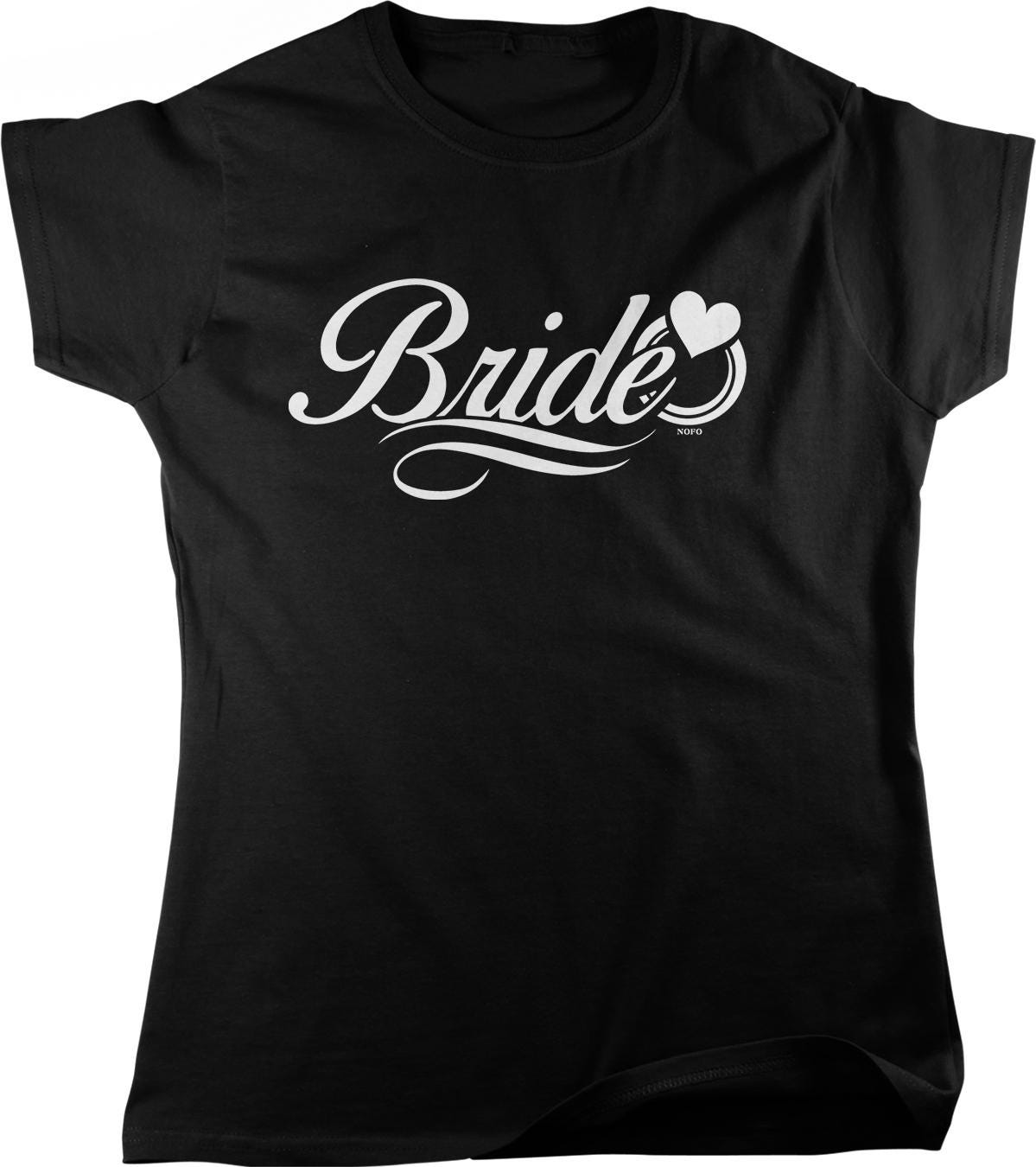 A black t-shirt with the word "Bride" printed in white text.