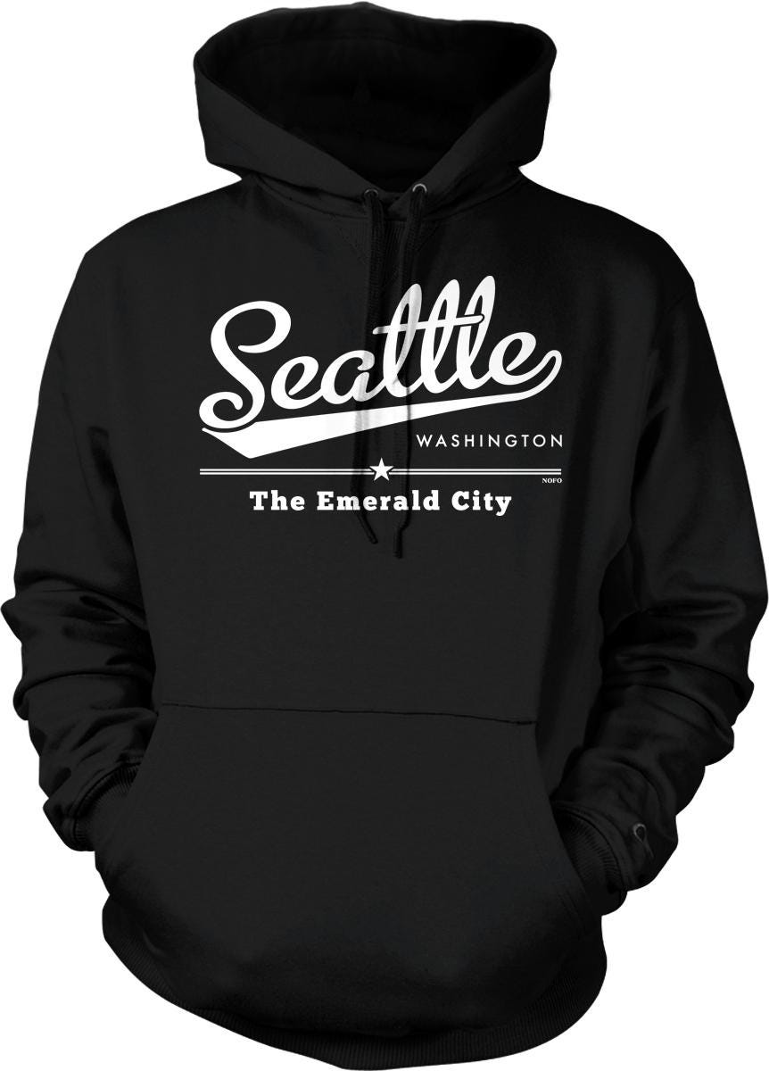 A black hoodie with white text and graphics printed on it.