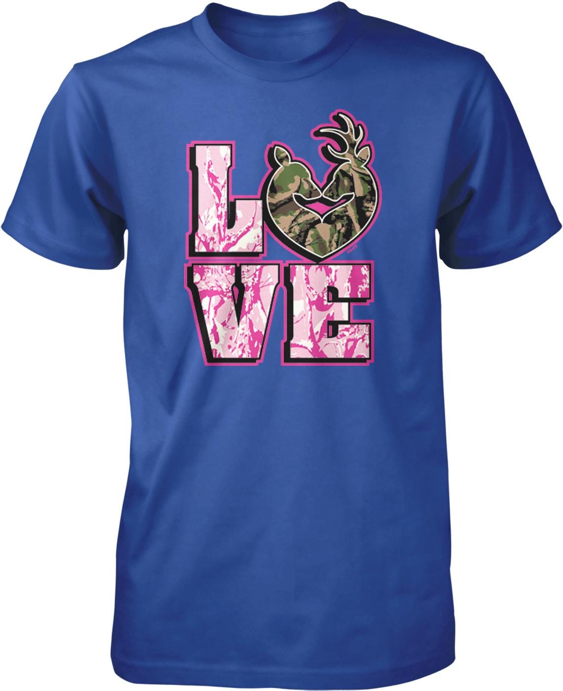A blue t-shirt with a graphic design featuring the word "LOVE" in pink and green colors, with a camouflage-like shape above the letters.