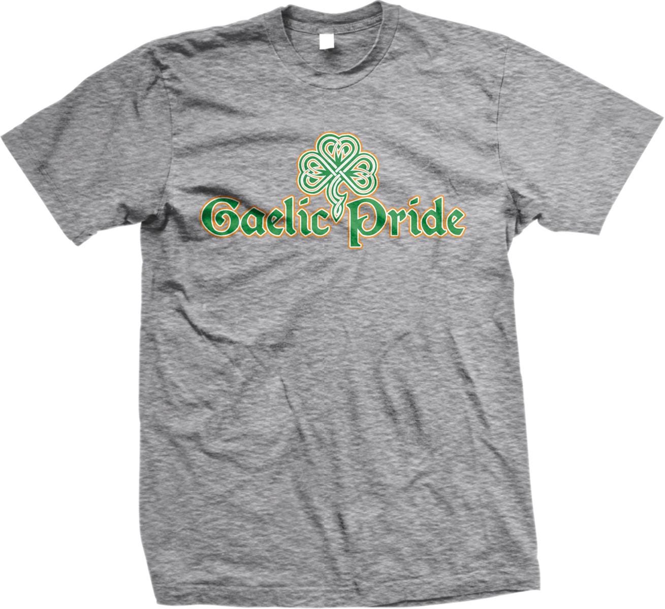A grey t-shirt with the text "Gaelic Pride" printed on it.