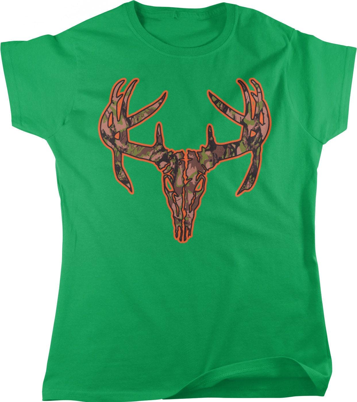 Women's Hunting T-Shirt - Camo Deer Skull Top | Durable Cotton Tee, Full Cut Fit
