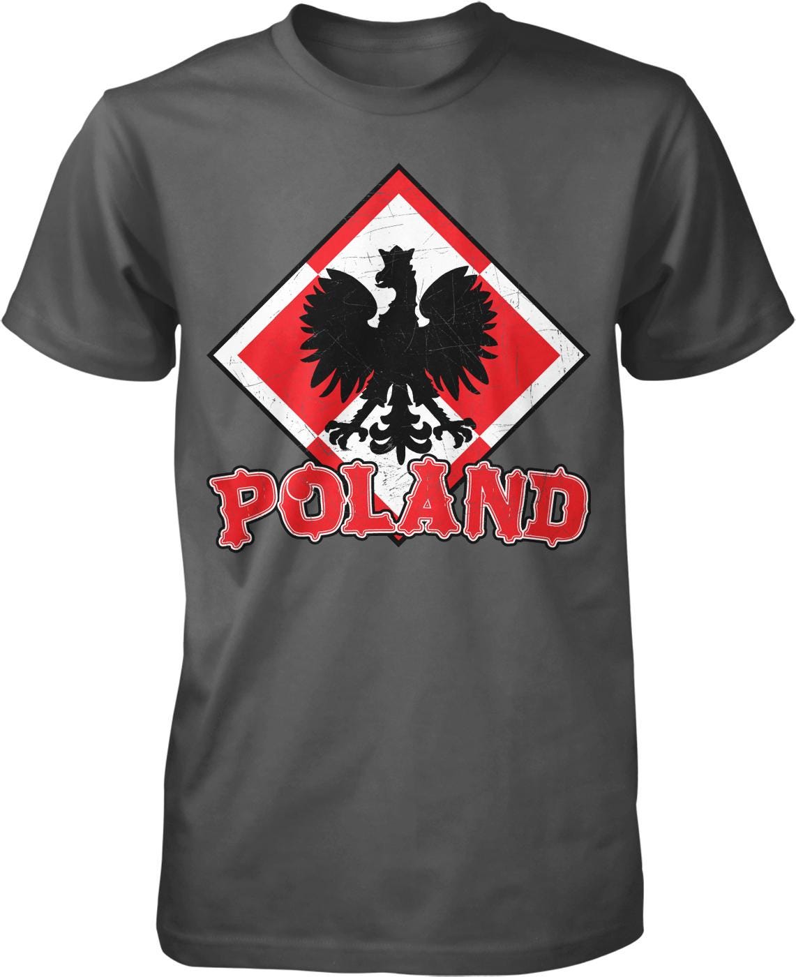 A gray t-shirt with a graphic design featuring a black bird, possibly a rooster, and the word "POLAND" written below it.