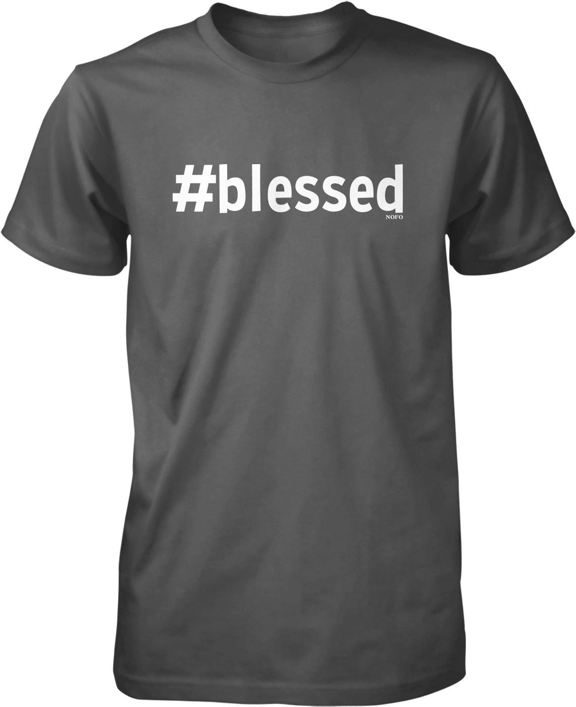 A gray t-shirt with the text "#blessed" printed on it.