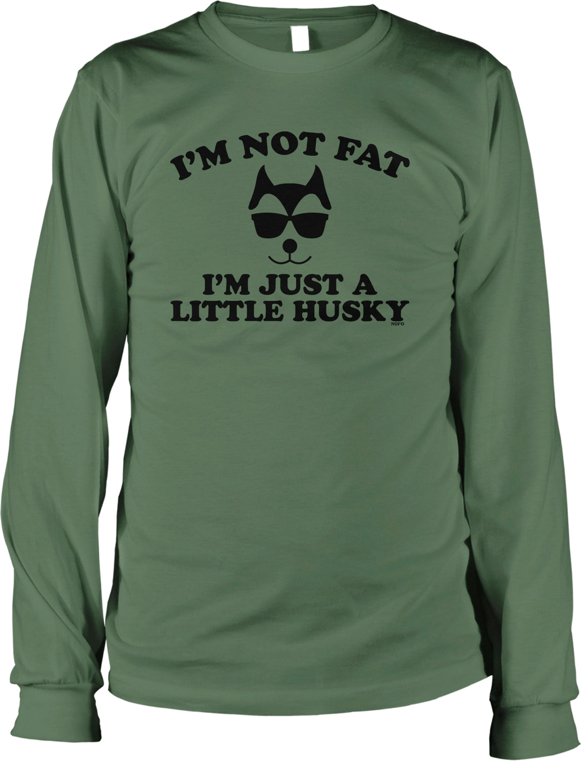 A green long-sleeved t-shirt with a black graphic design and text printed on it.