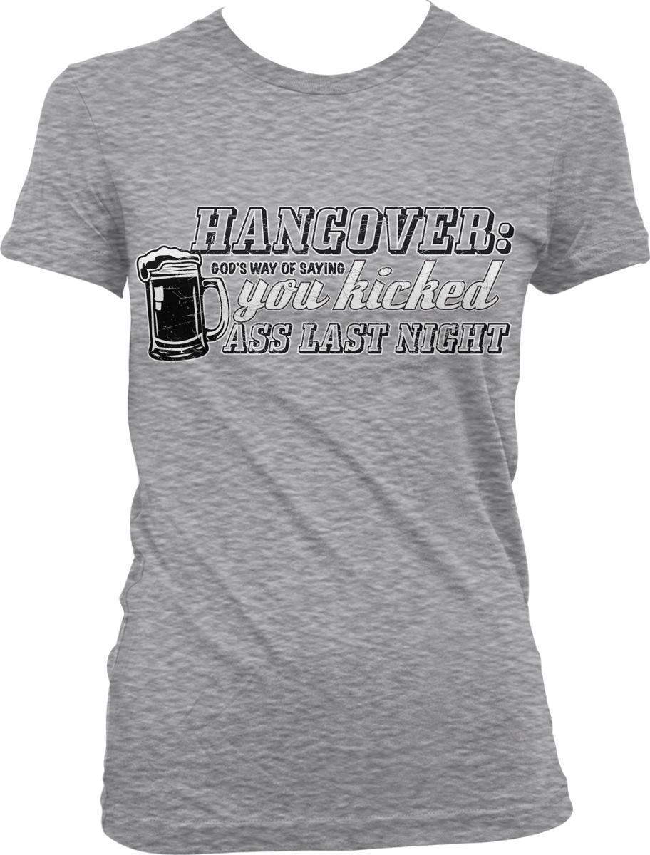 A gray t-shirt with a humorous text and graphic design.