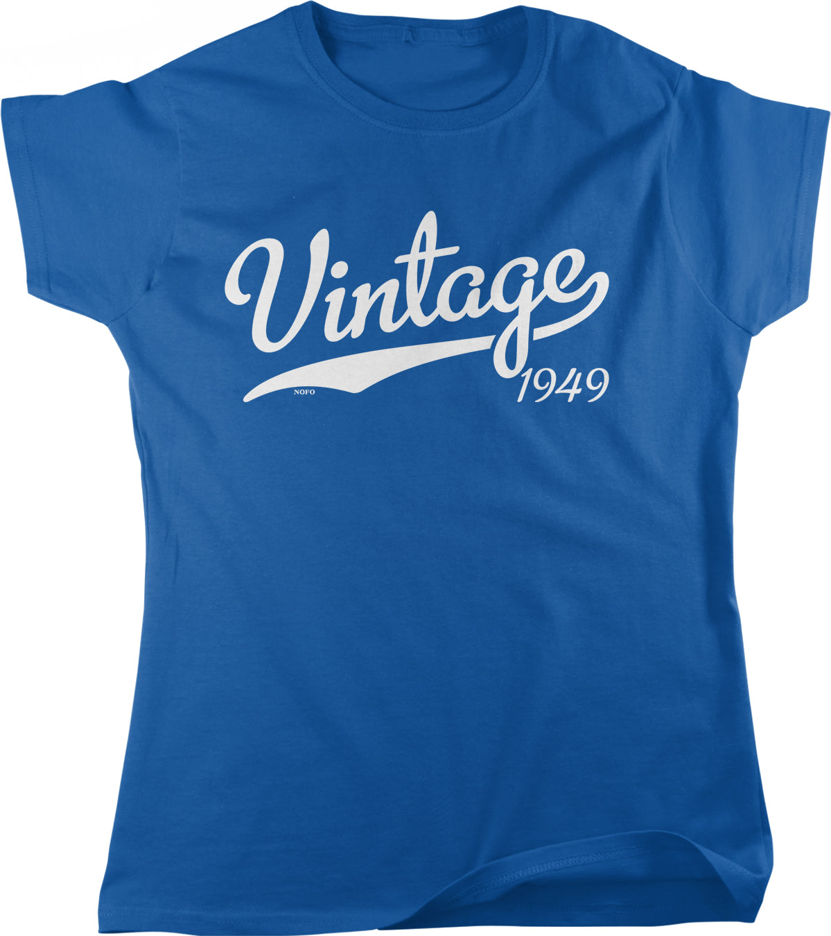 A blue t-shirt with the text "Vintage 1949" printed on it.