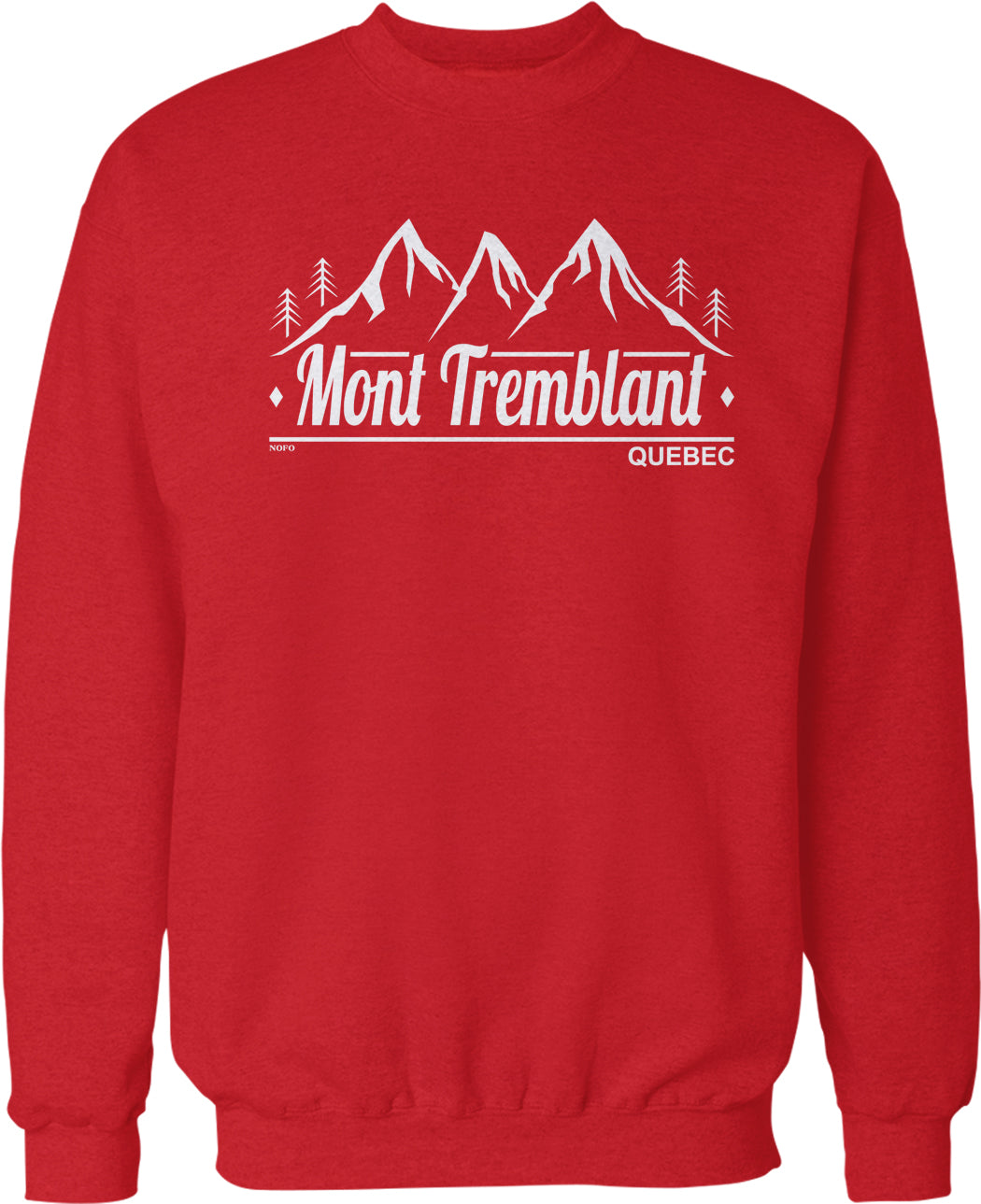 A red sweatshirt with a graphic design featuring a mountain range and the text "Mont Tremblant" and "Quebec" printed on it.