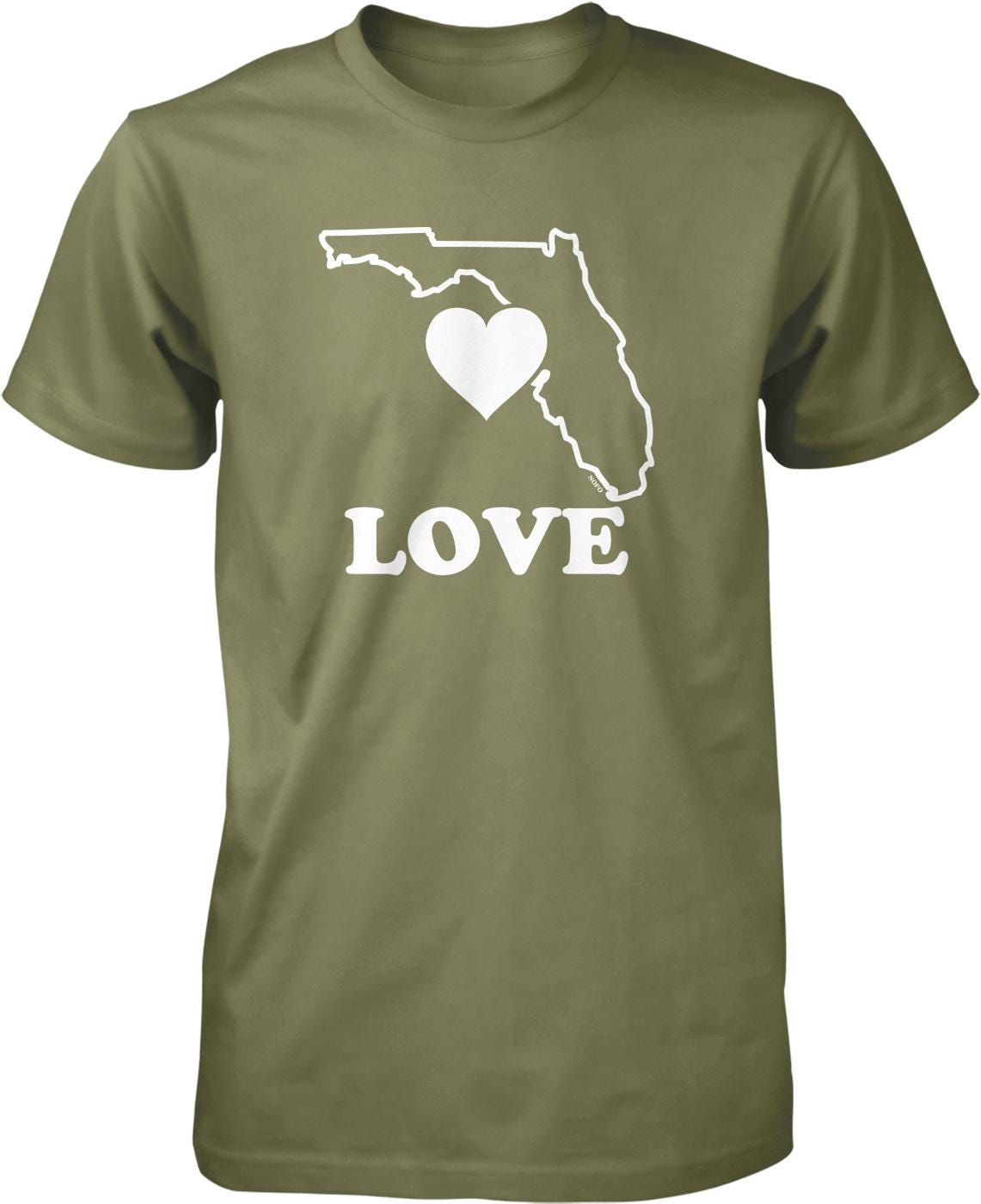 A green t-shirt with a white graphic design that says "LOVE" and features a heart symbol inside a map of Florida.