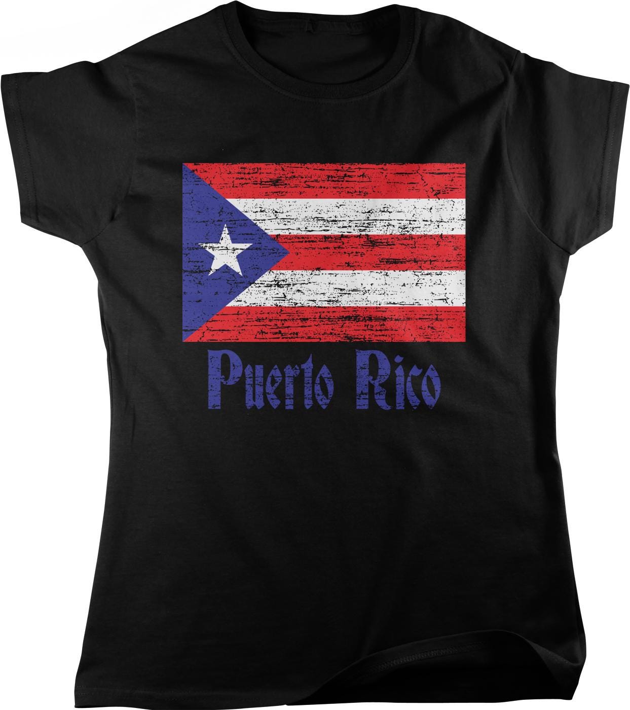 A black t-shirt with a graphic design featuring the Puerto Rican flag and the text "Puerto Rico" printed on it.