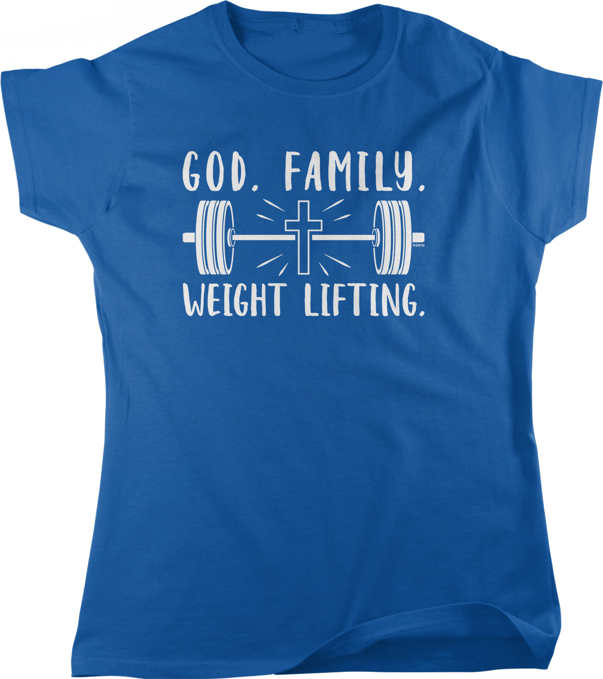 A blue t-shirt with white text and graphics printed on it.