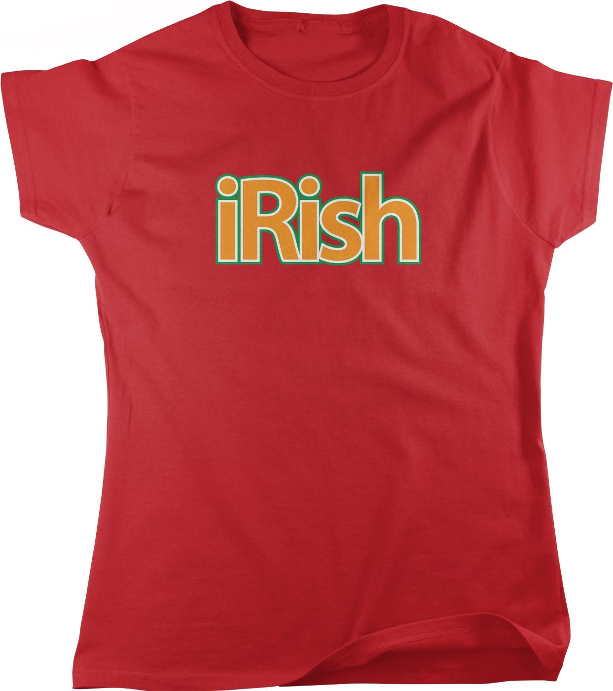A red t-shirt with the word "iRish" printed on it in a stylized font.