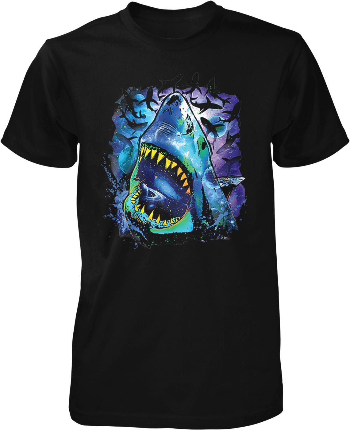 A black t-shirt with a graphic design depicting a large, open-mouthed shark with sharp teeth.