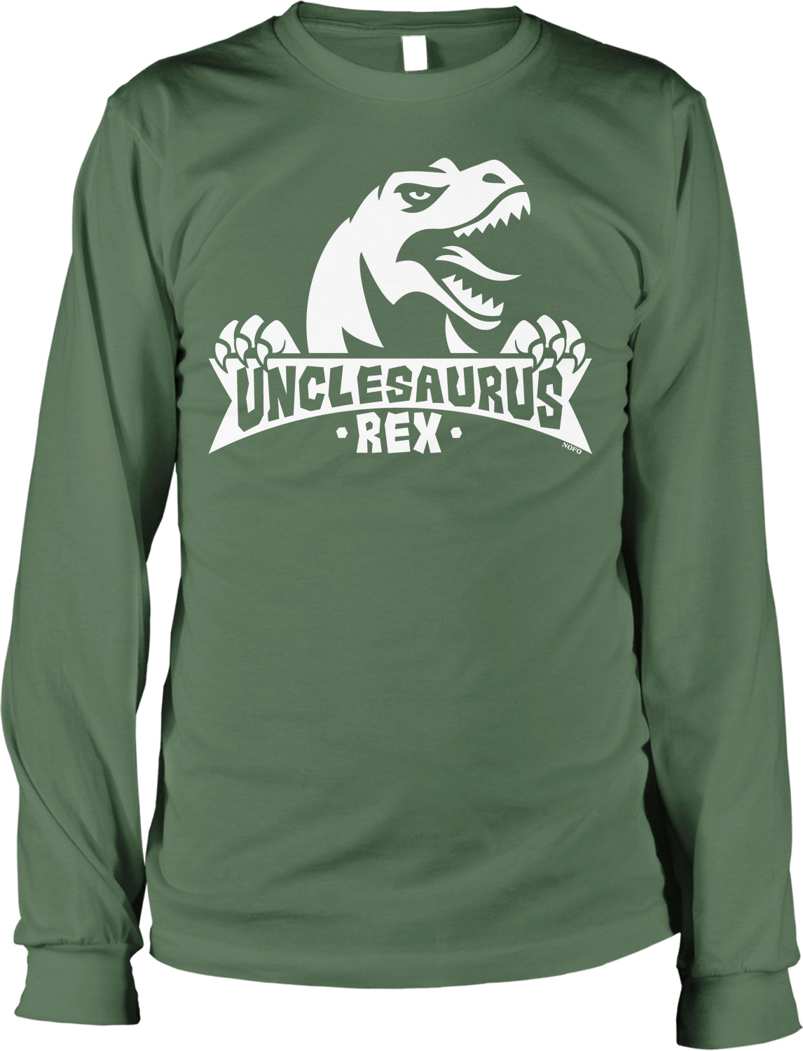 A green long-sleeved t-shirt with a graphic design featuring a dinosaur's head and the text "Unclesaurus Rex" printed on it.