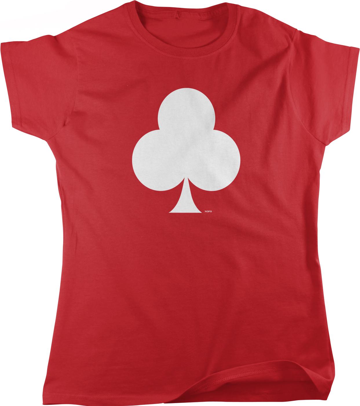 A red t-shirt with a white graphic of a three-leaf clover on it.