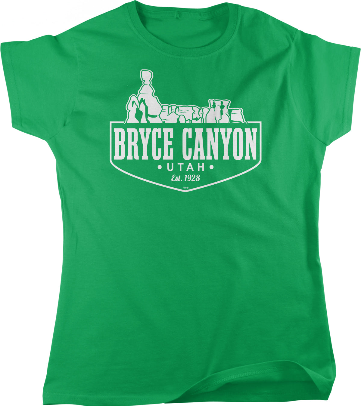A green t-shirt with a graphic design depicting the Bryce Canyon National Park in Utah.