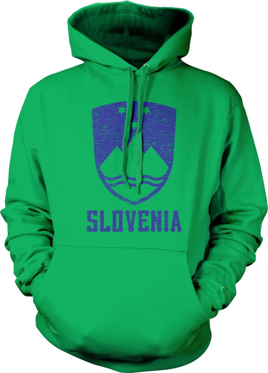 A bright green hoodie with a graphic of the Slovenia national coat of arms printed on it.