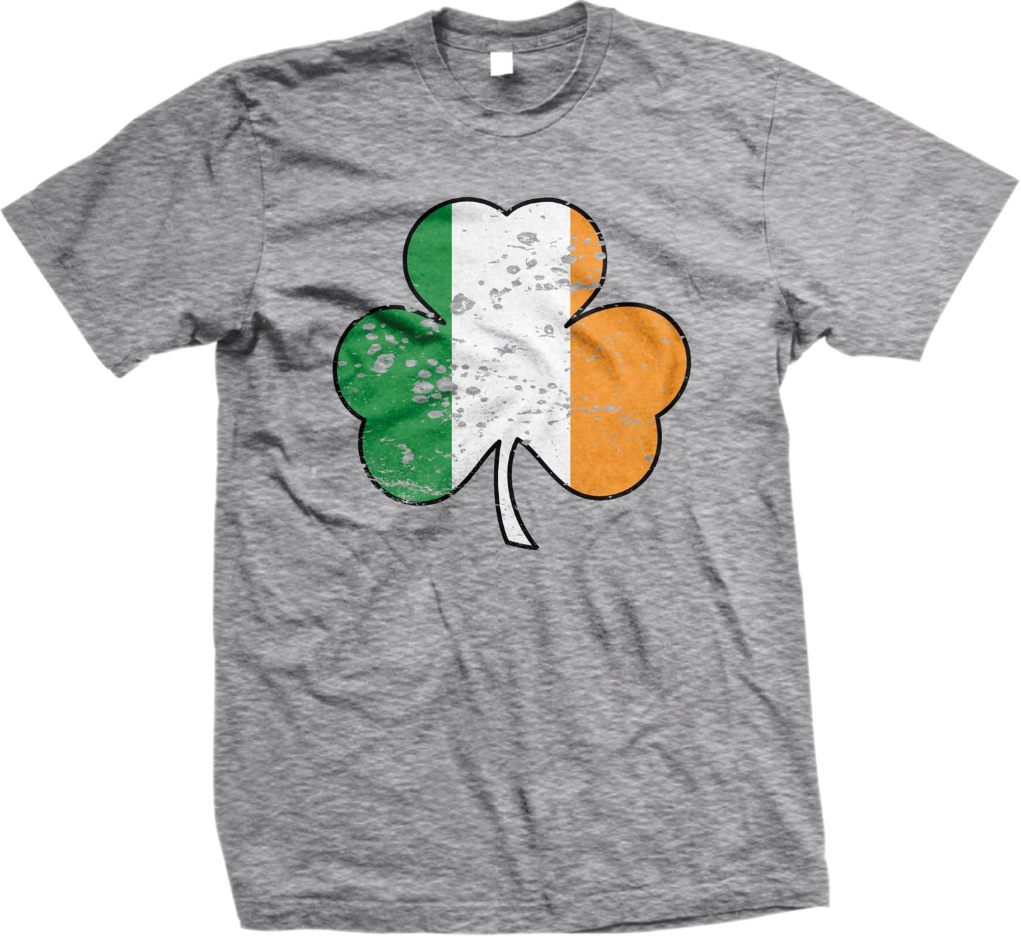A grey t-shirt with a graphic design of a shamrock, which is a symbol associated with Ireland.