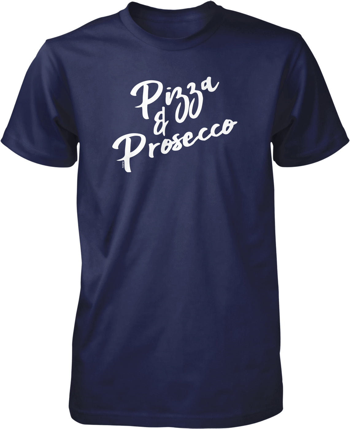 A navy blue t-shirt with the text "Pizza & Prosecco" printed on it in white lettering.
