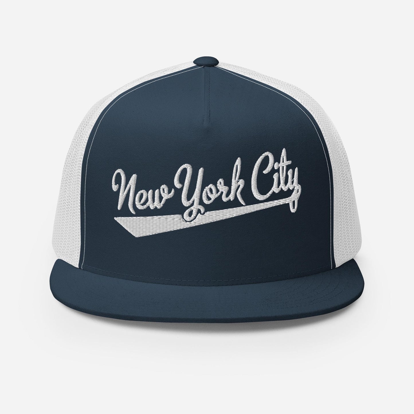 A navy blue and white baseball cap with the text "New York City" printed on it.