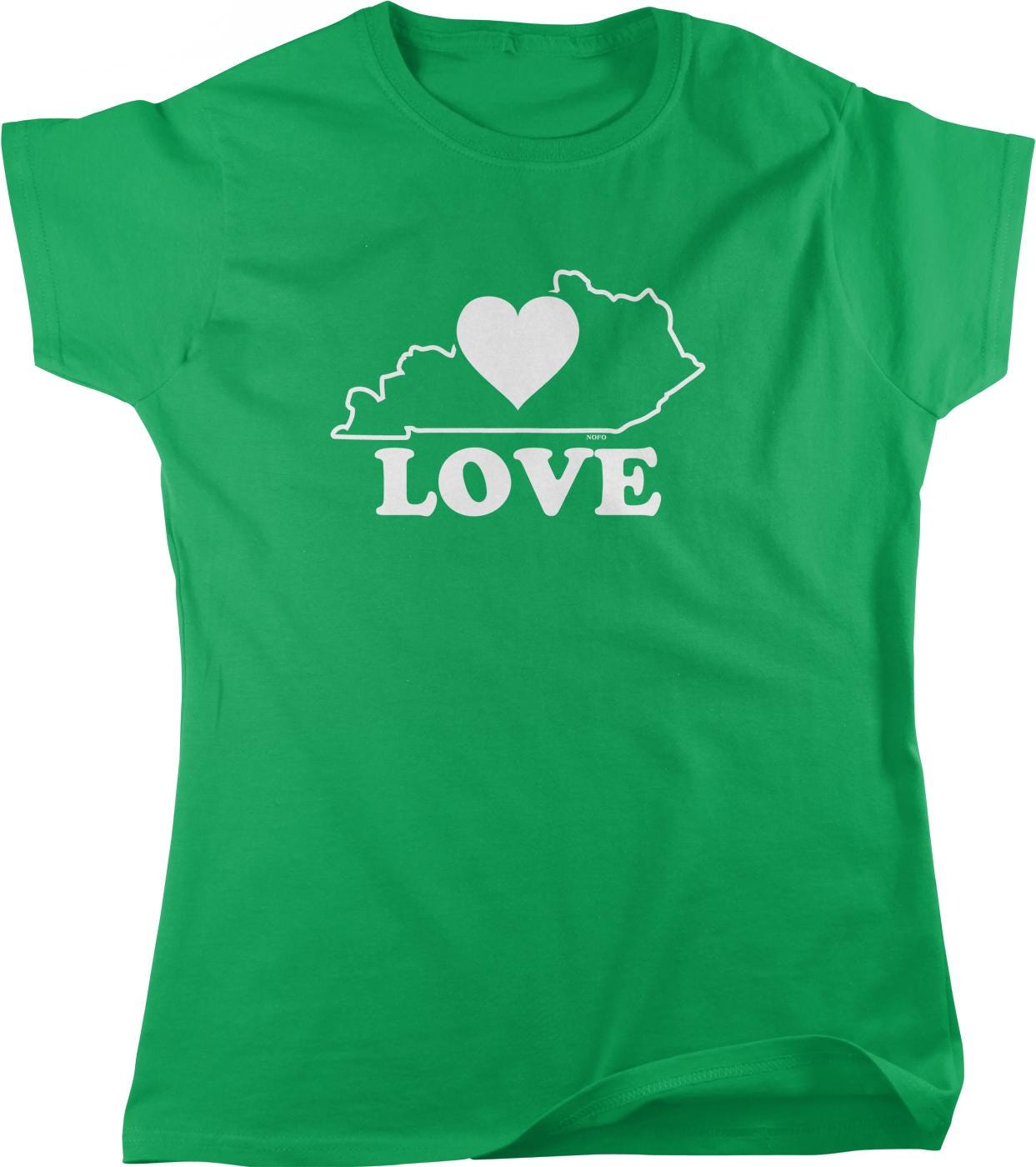 A green t-shirt with a white graphic design that says "LOVE" and a heart shape, representing the state of Kentucky.