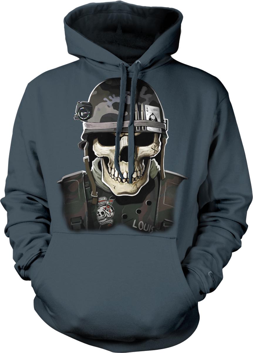 A hoodie with a graphic design depicting a skull wearing a military-style helmet and carrying a badge with the word "LOUIS" on it.