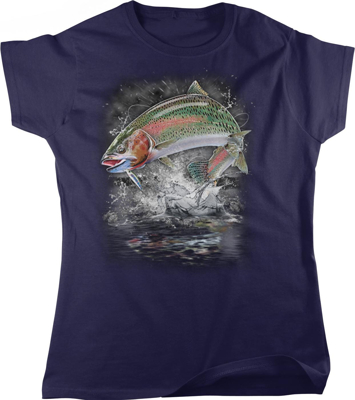 A t-shirt with a graphic design depicting a colorful fish jumping out of the water, surrounded by splashing water and a dark background.