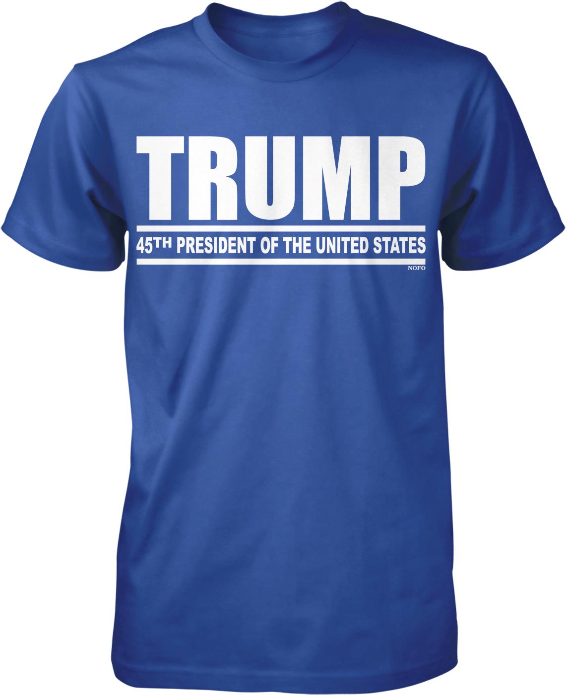 A blue t-shirt with the text "TRUMP 45TH PRINCIPLE OF THE UNITED STATES" printed on it.
