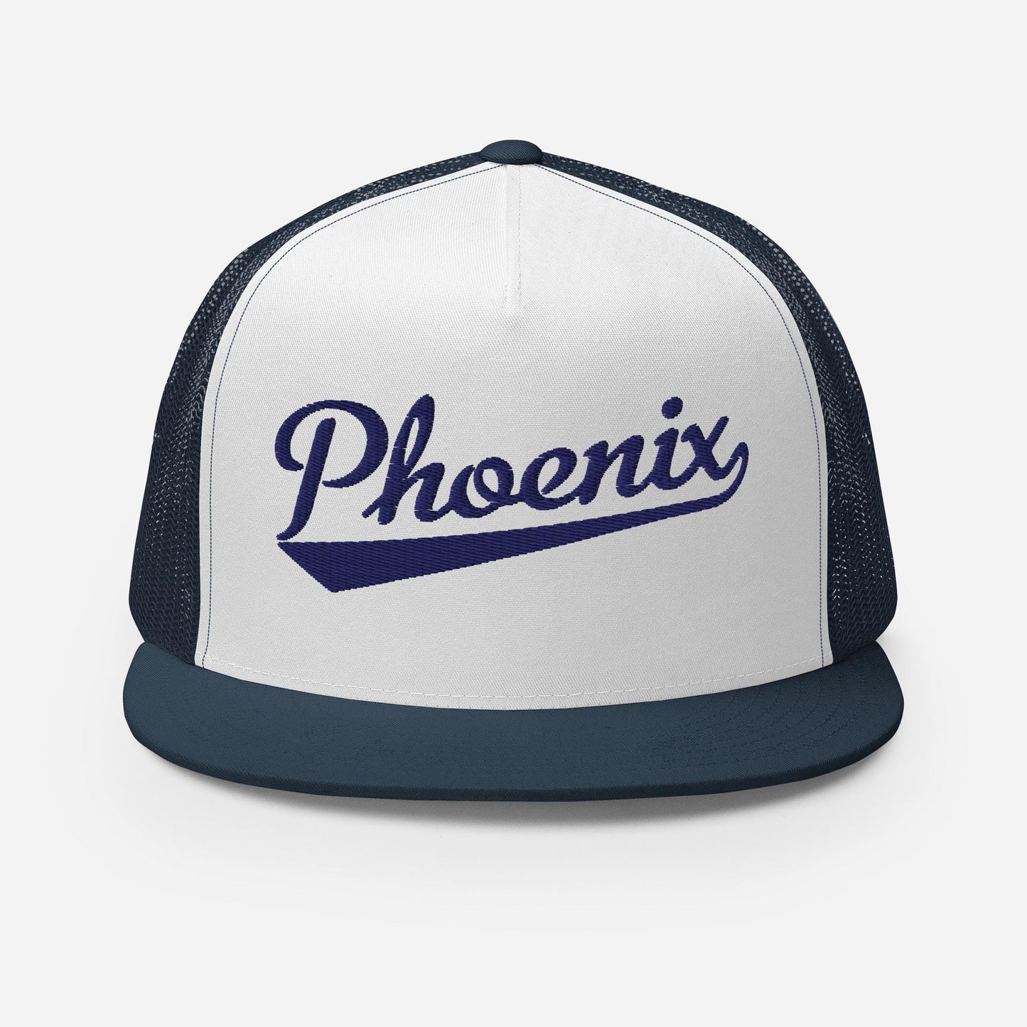 A white and navy blue baseball cap with the word "Phoenix" printed on it.