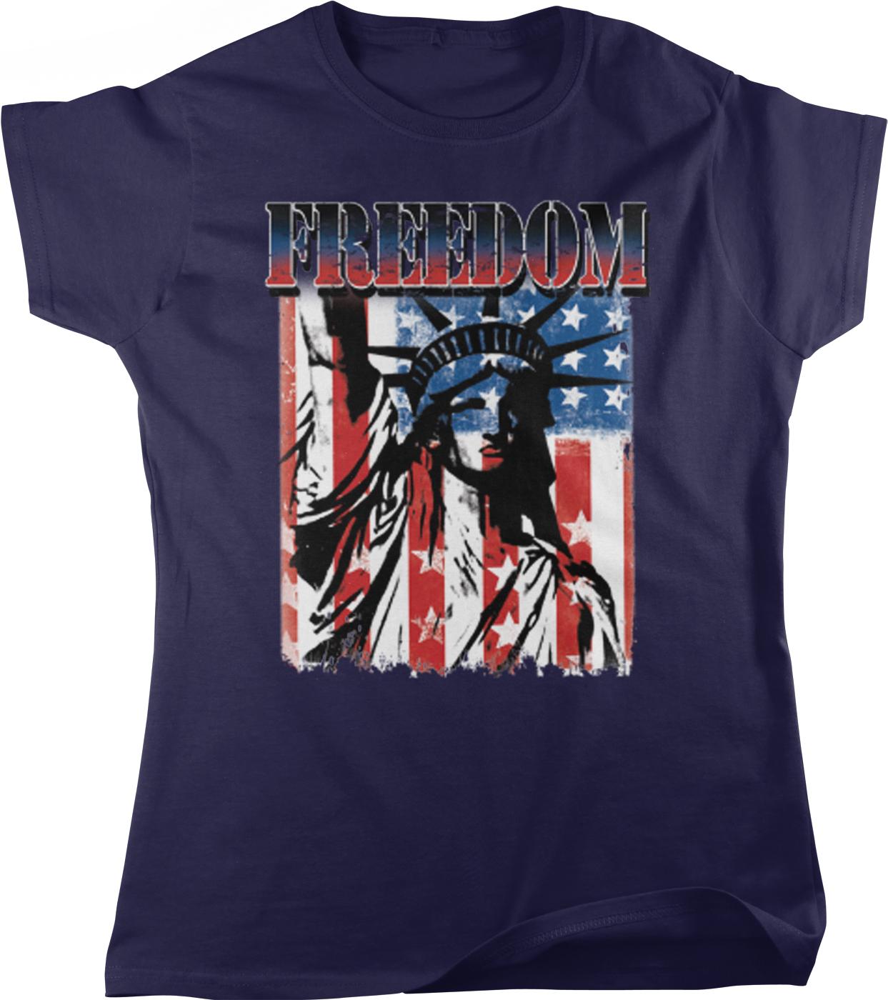 a t-shirt with a graphic design that includes the Statue of Liberty and an American flag.