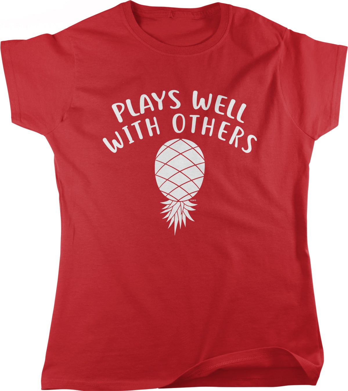 A red t-shirt with the text "PLAYS WELL WITH OTHERS" printed on it, along with a pineapple graphic.