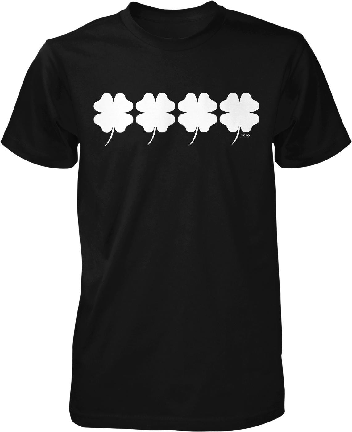 A black t-shirt with a graphic design of four white clovers arranged in a row.